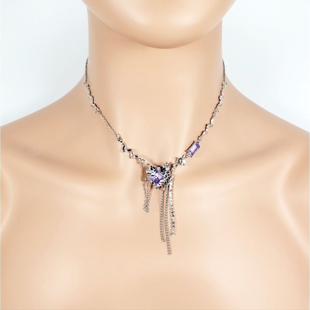 Brand New Purple Heart With Silver Rhinestone Necklace